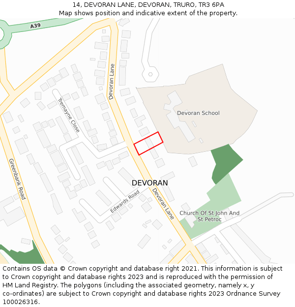 14, DEVORAN LANE, DEVORAN, TRURO, TR3 6PA: Location map and indicative extent of plot