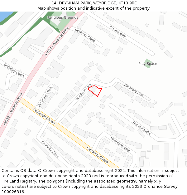 14, DRYNHAM PARK, WEYBRIDGE, KT13 9RE: Location map and indicative extent of plot