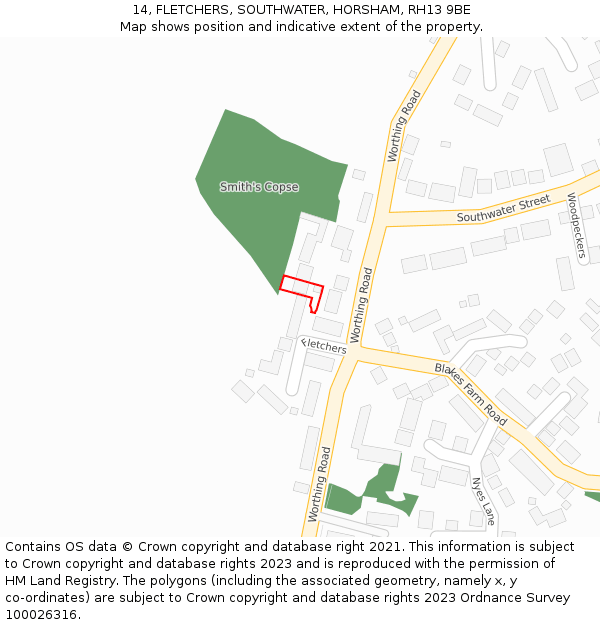 14, FLETCHERS, SOUTHWATER, HORSHAM, RH13 9BE: Location map and indicative extent of plot