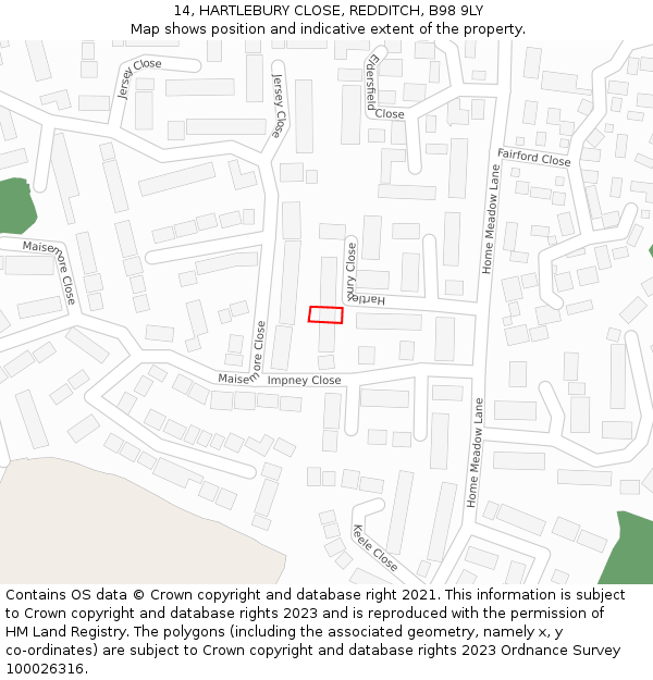 14, HARTLEBURY CLOSE, REDDITCH, B98 9LY: Location map and indicative extent of plot