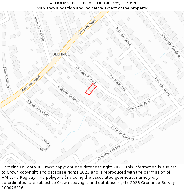 14, HOLMSCROFT ROAD, HERNE BAY, CT6 6PE: Location map and indicative extent of plot