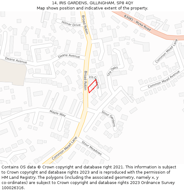 14, IRIS GARDENS, GILLINGHAM, SP8 4QY: Location map and indicative extent of plot