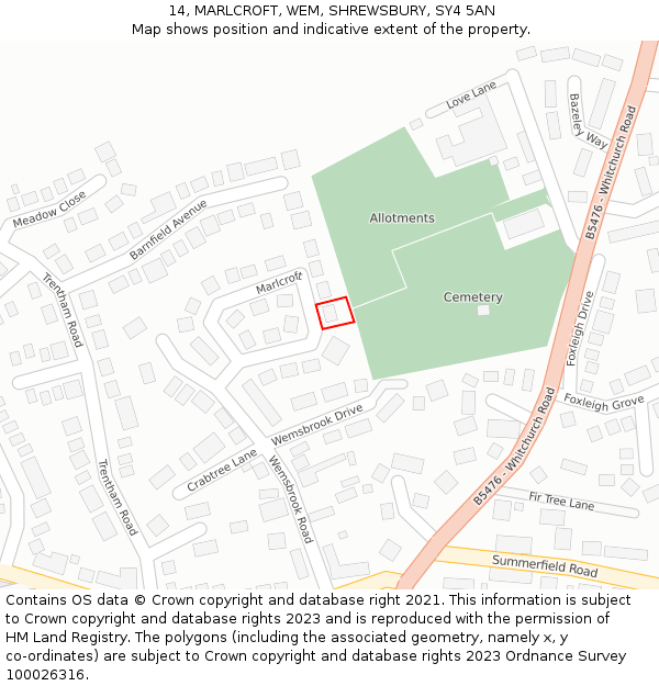 14, MARLCROFT, WEM, SHREWSBURY, SY4 5AN: Location map and indicative extent of plot