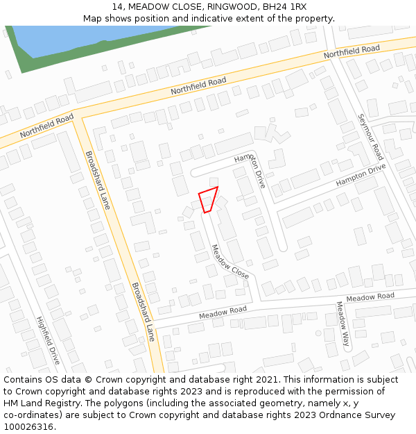 14, MEADOW CLOSE, RINGWOOD, BH24 1RX: Location map and indicative extent of plot