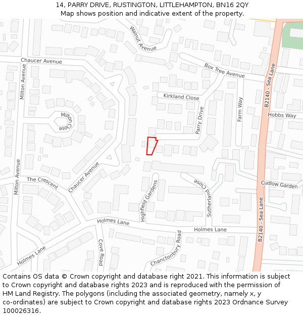 14, PARRY DRIVE, RUSTINGTON, LITTLEHAMPTON, BN16 2QY: Location map and indicative extent of plot