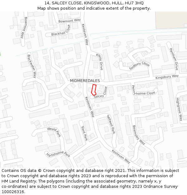 14, SALCEY CLOSE, KINGSWOOD, HULL, HU7 3HQ: Location map and indicative extent of plot