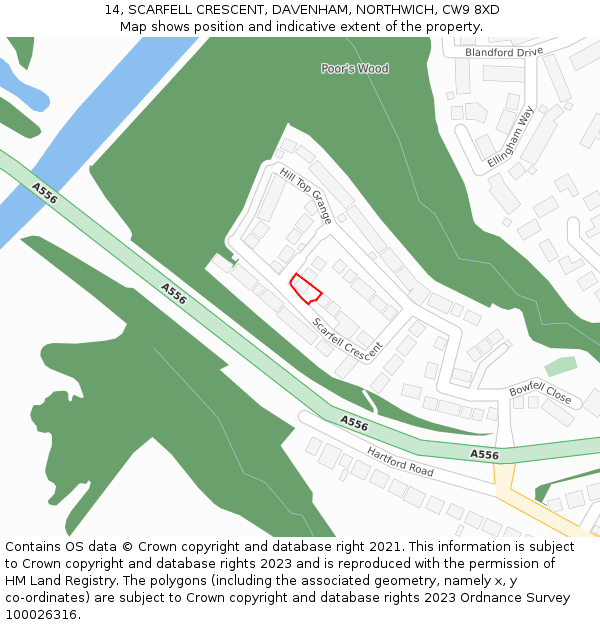 14, SCARFELL CRESCENT, DAVENHAM, NORTHWICH, CW9 8XD: Location map and indicative extent of plot