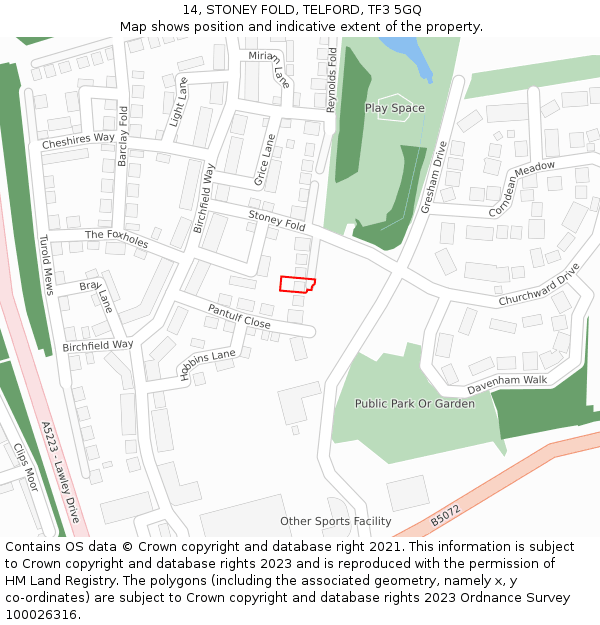 14, STONEY FOLD, TELFORD, TF3 5GQ: Location map and indicative extent of plot