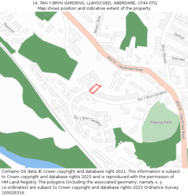 14, TAN Y BRYN GARDENS, LLWYDCOED, ABERDARE, CF44 0TQ: Location map and indicative extent of plot