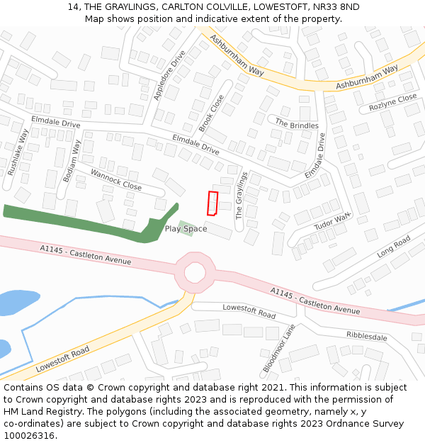 14, THE GRAYLINGS, CARLTON COLVILLE, LOWESTOFT, NR33 8ND: Location map and indicative extent of plot