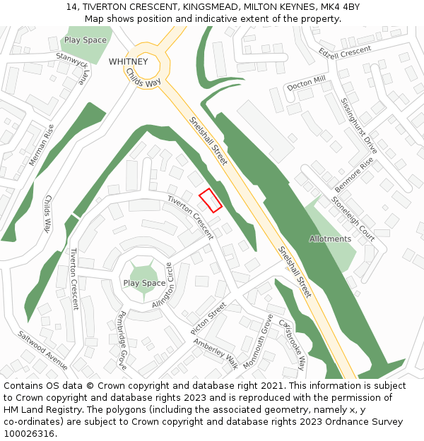 14, TIVERTON CRESCENT, KINGSMEAD, MILTON KEYNES, MK4 4BY: Location map and indicative extent of plot