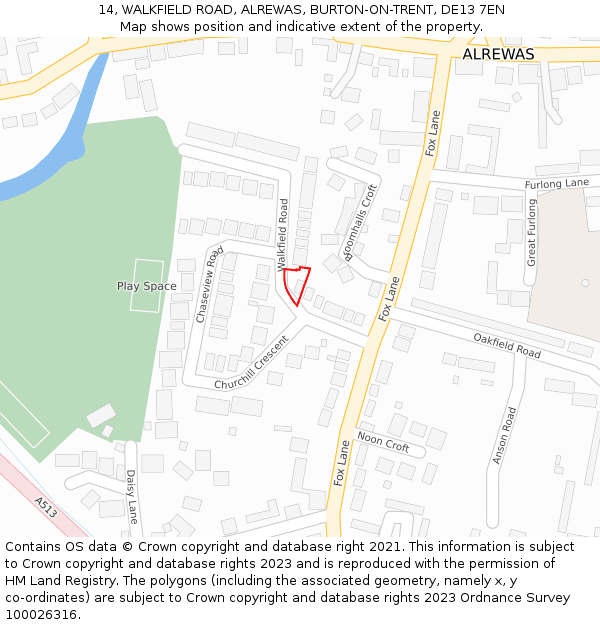 14, WALKFIELD ROAD, ALREWAS, BURTON-ON-TRENT, DE13 7EN: Location map and indicative extent of plot