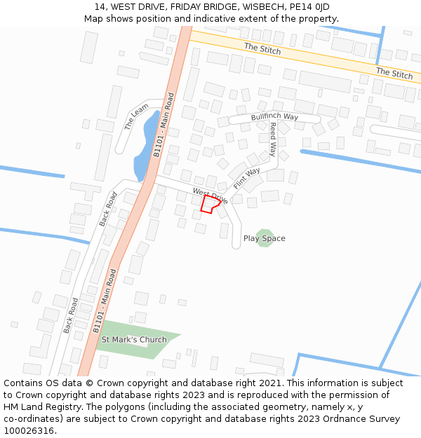 14, WEST DRIVE, FRIDAY BRIDGE, WISBECH, PE14 0JD: Location map and indicative extent of plot