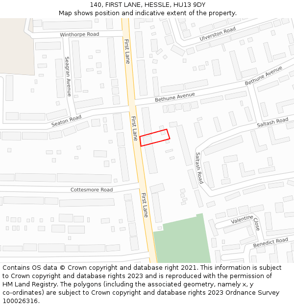 140, FIRST LANE, HESSLE, HU13 9DY: Location map and indicative extent of plot