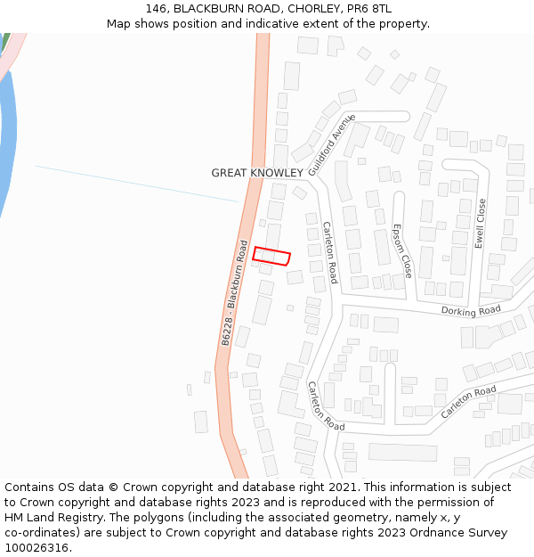 146, BLACKBURN ROAD, CHORLEY, PR6 8TL: Location map and indicative extent of plot