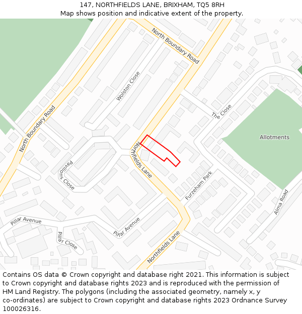 147, NORTHFIELDS LANE, BRIXHAM, TQ5 8RH: Location map and indicative extent of plot