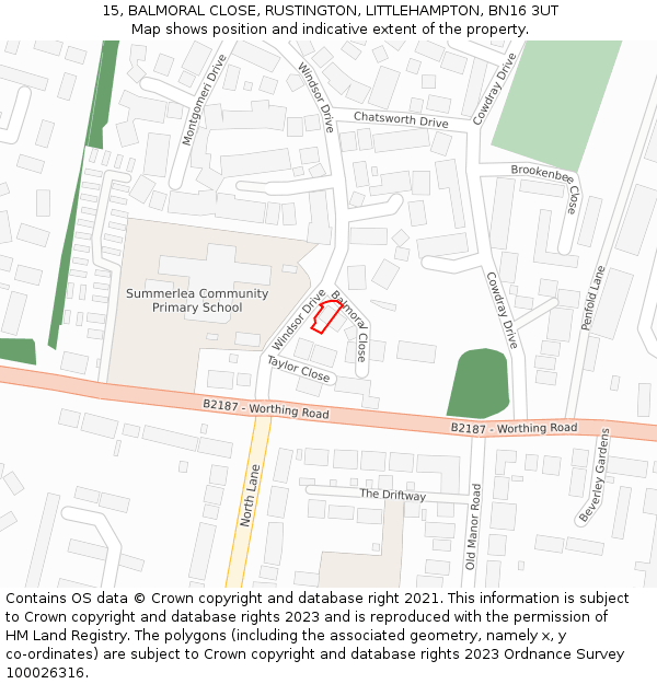 15, BALMORAL CLOSE, RUSTINGTON, LITTLEHAMPTON, BN16 3UT: Location map and indicative extent of plot