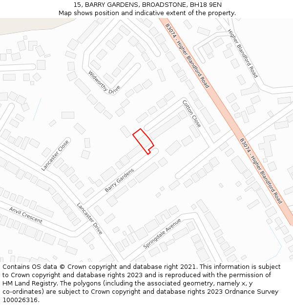 15, BARRY GARDENS, BROADSTONE, BH18 9EN: Location map and indicative extent of plot