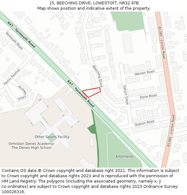 15, BEECHING DRIVE, LOWESTOFT, NR32 4TB: Location map and indicative extent of plot