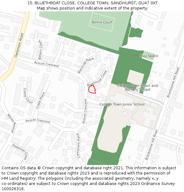 15, BLUETHROAT CLOSE, COLLEGE TOWN, SANDHURST, GU47 0XT: Location map and indicative extent of plot