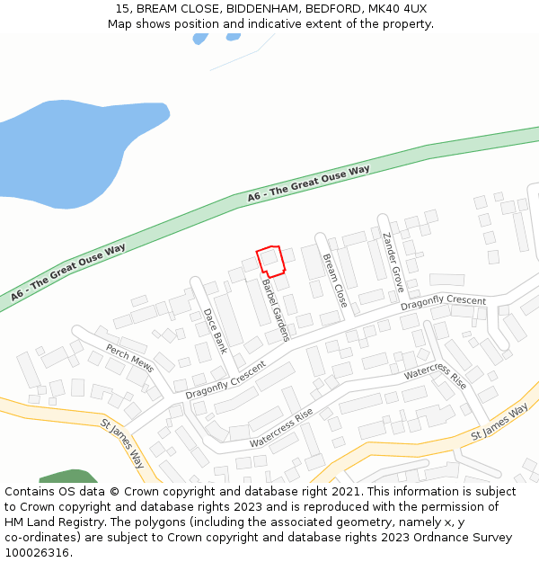 15, BREAM CLOSE, BIDDENHAM, BEDFORD, MK40 4UX: Location map and indicative extent of plot