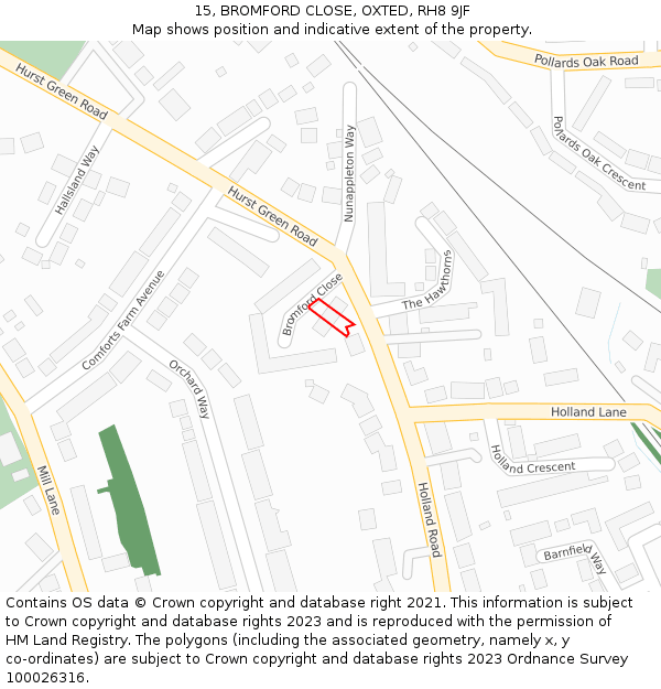 15, BROMFORD CLOSE, OXTED, RH8 9JF: Location map and indicative extent of plot