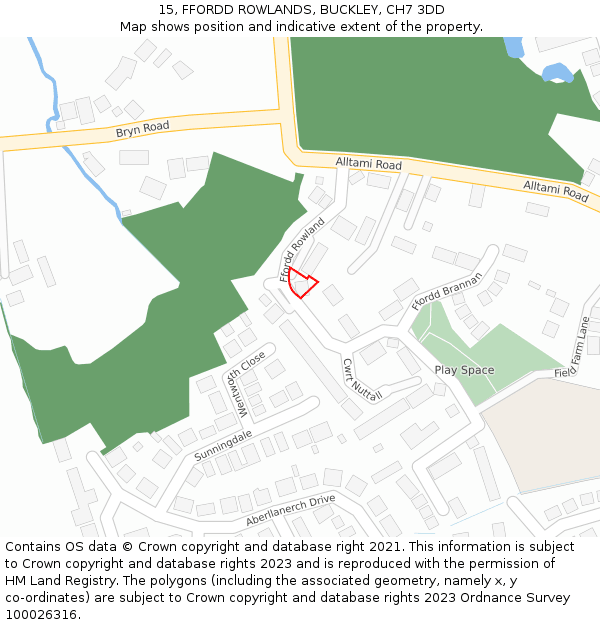 15, FFORDD ROWLANDS, BUCKLEY, CH7 3DD: Location map and indicative extent of plot