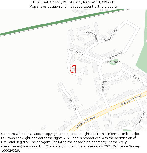 15, GLOVER DRIVE, WILLASTON, NANTWICH, CW5 7TL: Location map and indicative extent of plot