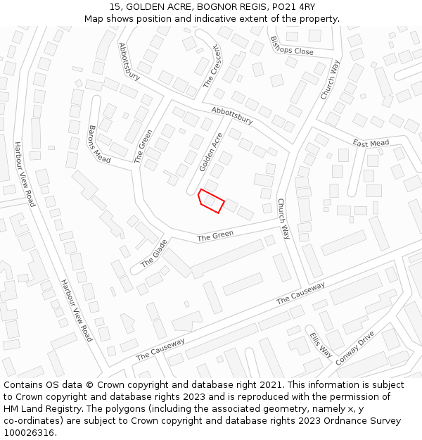 15, GOLDEN ACRE, BOGNOR REGIS, PO21 4RY: Location map and indicative extent of plot