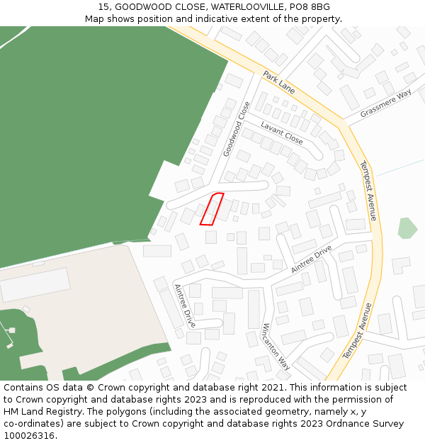 15, GOODWOOD CLOSE, WATERLOOVILLE, PO8 8BG: Location map and indicative extent of plot