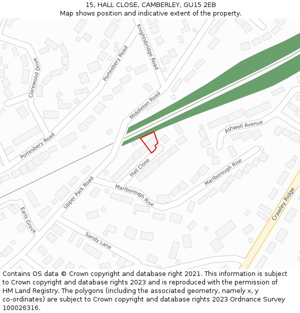 15, HALL CLOSE, CAMBERLEY, GU15 2EB: Location map and indicative extent of plot