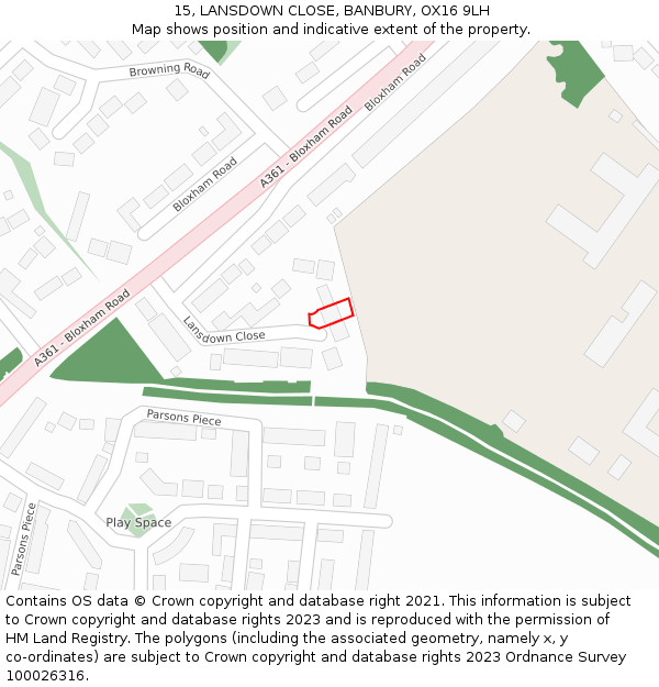 15, LANSDOWN CLOSE, BANBURY, OX16 9LH: Location map and indicative extent of plot