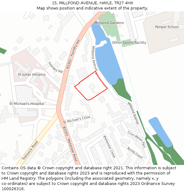 15, MILLPOND AVENUE, HAYLE, TR27 4HX: Location map and indicative extent of plot