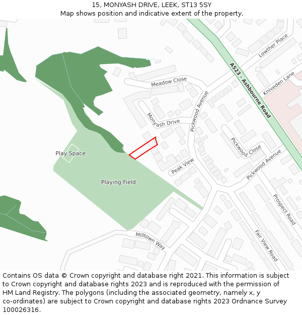 15, MONYASH DRIVE, LEEK, ST13 5SY: Location map and indicative extent of plot