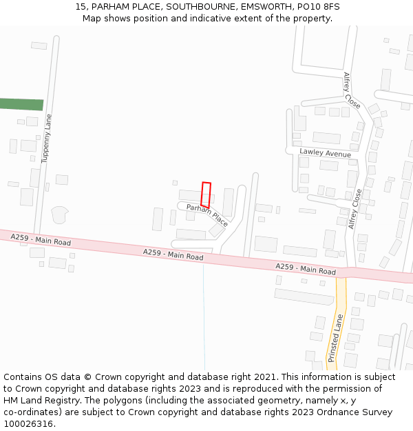 15, PARHAM PLACE, SOUTHBOURNE, EMSWORTH, PO10 8FS: Location map and indicative extent of plot