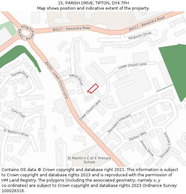 15, PARISH DRIVE, TIPTON, DY4 7PH: Location map and indicative extent of plot