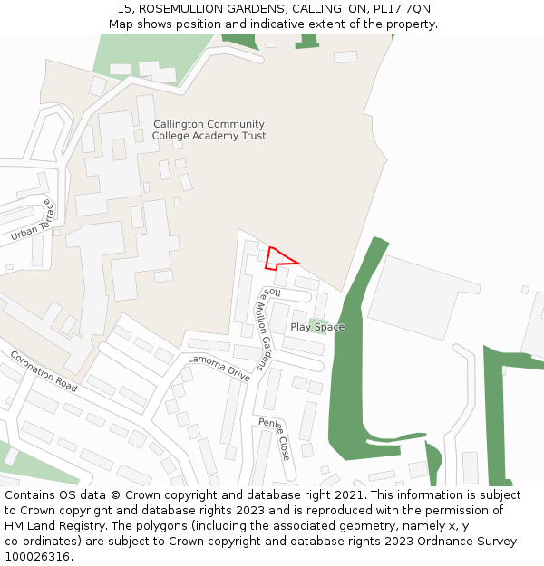 15, ROSEMULLION GARDENS, CALLINGTON, PL17 7QN: Location map and indicative extent of plot