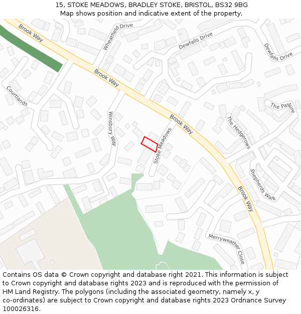 15, STOKE MEADOWS, BRADLEY STOKE, BRISTOL, BS32 9BG: Location map and indicative extent of plot