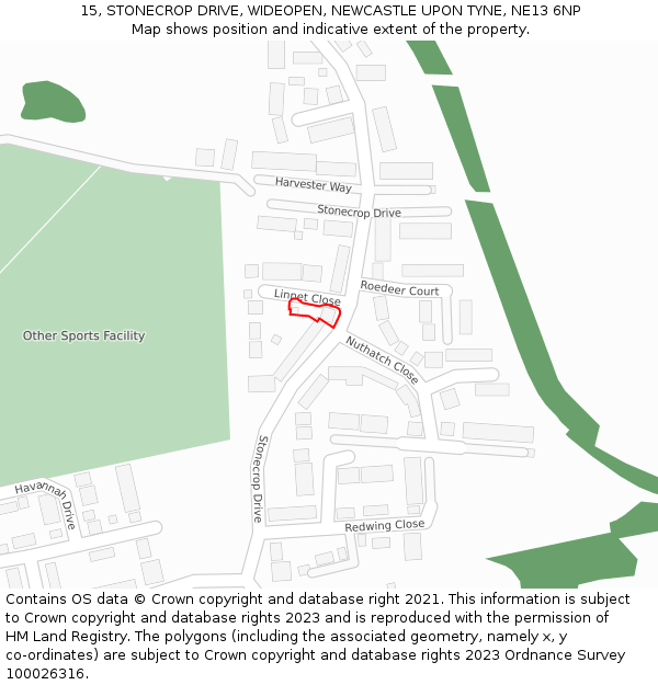 15, STONECROP DRIVE, WIDEOPEN, NEWCASTLE UPON TYNE, NE13 6NP: Location map and indicative extent of plot