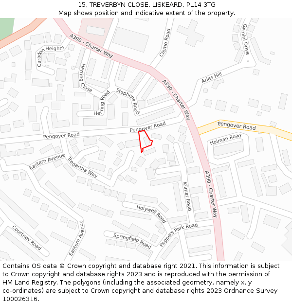 15, TREVERBYN CLOSE, LISKEARD, PL14 3TG: Location map and indicative extent of plot