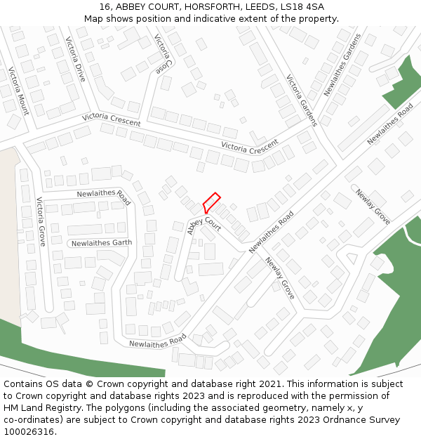 16, ABBEY COURT, HORSFORTH, LEEDS, LS18 4SA: Location map and indicative extent of plot