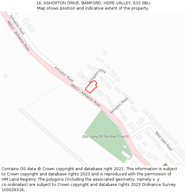 16, ASHOPTON DRIVE, BAMFORD, HOPE VALLEY, S33 0BU: Location map and indicative extent of plot