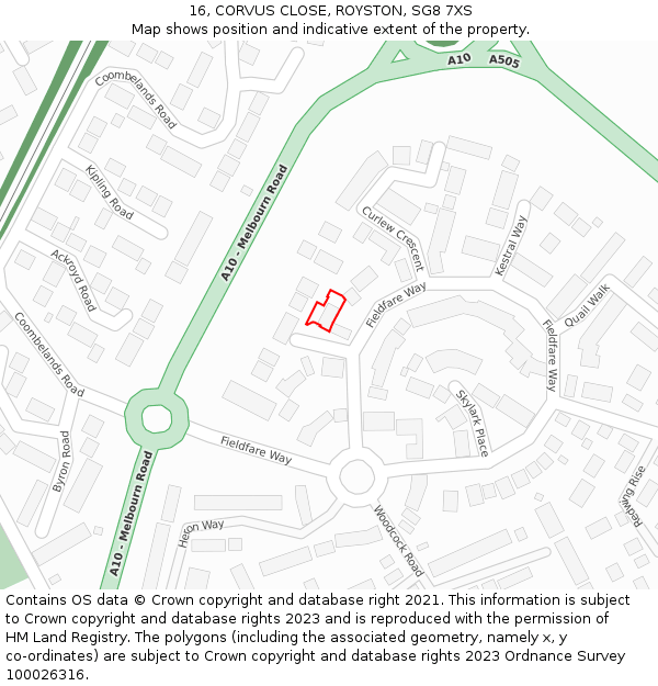 16, CORVUS CLOSE, ROYSTON, SG8 7XS: Location map and indicative extent of plot