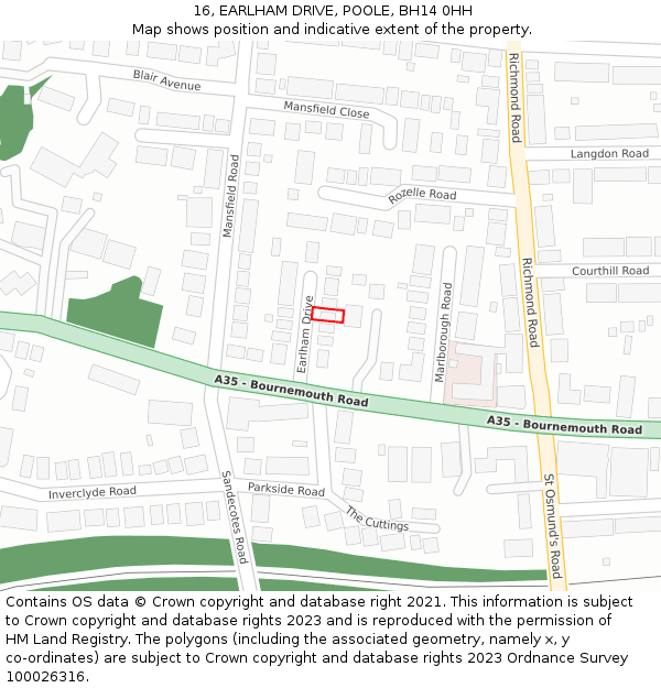 16, EARLHAM DRIVE, POOLE, BH14 0HH: Location map and indicative extent of plot