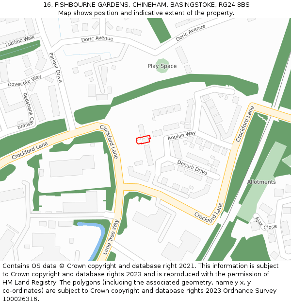 16, FISHBOURNE GARDENS, CHINEHAM, BASINGSTOKE, RG24 8BS: Location map and indicative extent of plot