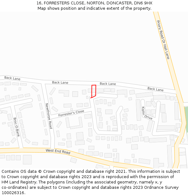 16, FORRESTERS CLOSE, NORTON, DONCASTER, DN6 9HX: Location map and indicative extent of plot