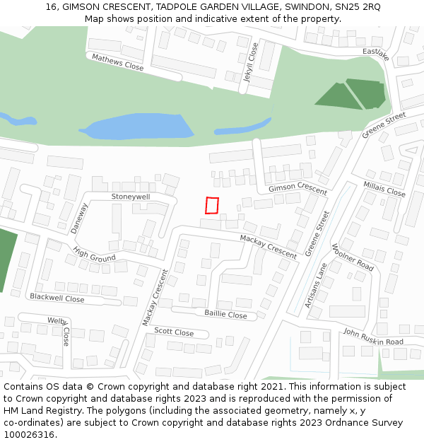 16, GIMSON CRESCENT, TADPOLE GARDEN VILLAGE, SWINDON, SN25 2RQ: Location map and indicative extent of plot