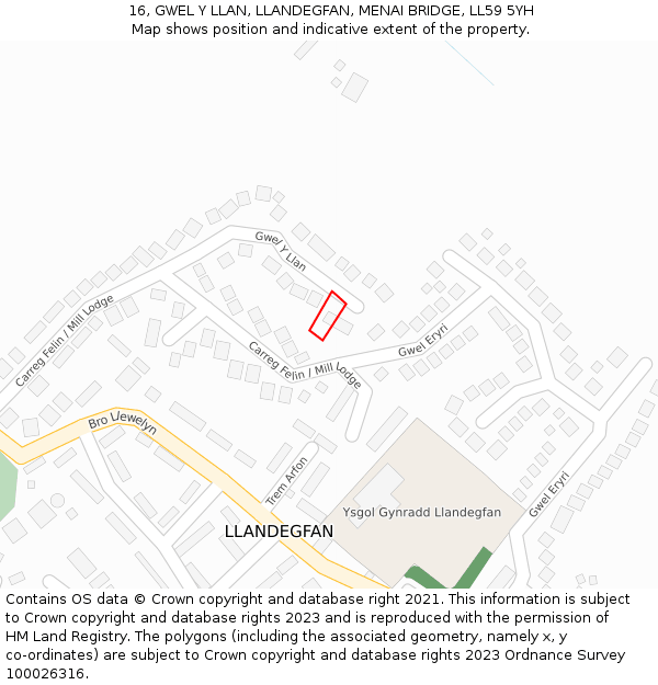 16, GWEL Y LLAN, LLANDEGFAN, MENAI BRIDGE, LL59 5YH: Location map and indicative extent of plot