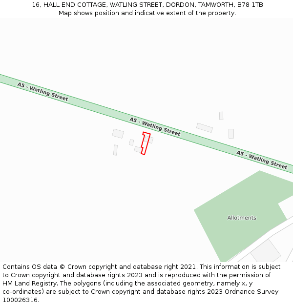 16, HALL END COTTAGE, WATLING STREET, DORDON, TAMWORTH, B78 1TB: Location map and indicative extent of plot