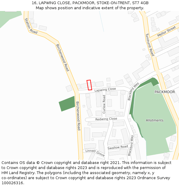 16, LAPWING CLOSE, PACKMOOR, STOKE-ON-TRENT, ST7 4GB: Location map and indicative extent of plot